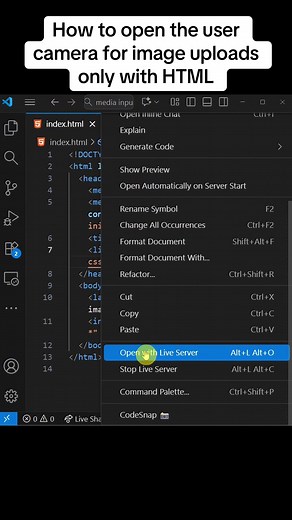 How to open the user camera for image uploads only with HTML , use “user” instead of “environment ” in the capture attribute to open front camera #html #htmltricks #webdevelopment #coding #creatorsearchinsights