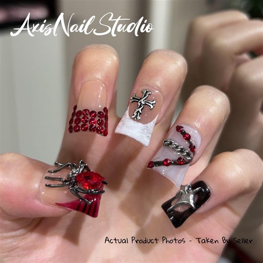 Goth Spider Cross Press on Nails, Red Rhinestone Acrylic Square Nails - Etsy