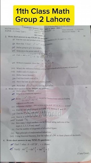 11th Class Math Lahore board group 2 paper 2025 1st year Math paper group 2 Math Evening paper