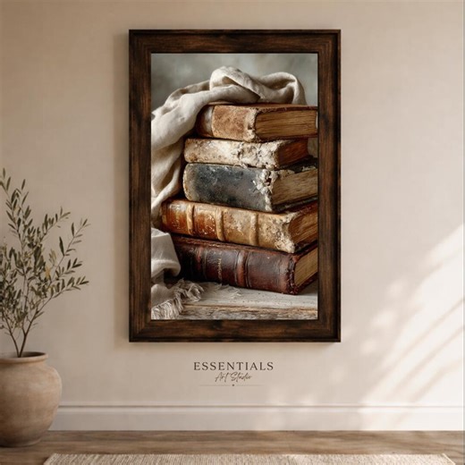 Vintage Book Stack Oil Painting, Rustic Library Decor, Cozy Neutral Art (digital Download) 34 - Etsy