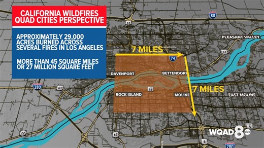 Putting the California wildfires' size into context with Quad Cities map