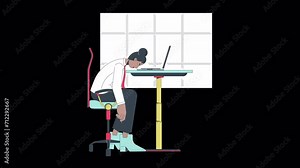 Work overload line cartoon animation. Frustrated employee. Stress burnout 4K video motion graphic. Black female worker head down on desk 2D linear animated character isolated on transparent background