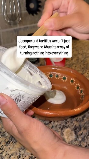 She’d say ‘solo tengo jocoque,’ like it wasn’t a big deal but you knew that meant warm tortillas, stories at the table, and that quiet kind of love🤍✨ Have you ever had Jocoque?👇🏽 This is how my Abuelita would make it🤍✨ Jocoque Ingredients: -1/2 cup of Mexican Sour Cream (the sour the better) -1/2 cup of heavy whipping cream -1 tbsp of salt (or until your liking) Mix until you have a less thick a little more runny consistency😋 Tortilla recipe: Ingredients: -1 cup of white corn flour @masiend