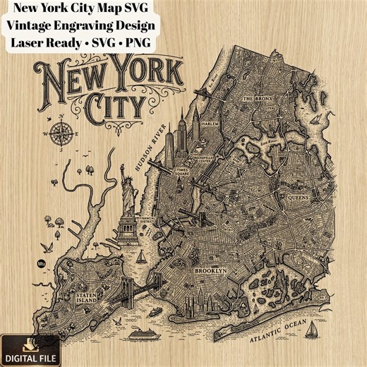 New York City Map SVG, NYC Map Engraving, Manhattan Map Clipart, Laser Cut File Svg Png, Travel Wall Art Digital Download - Etsy