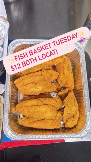 $12 fish basket!! two catfish fillets, fries, and hush puppies!!!