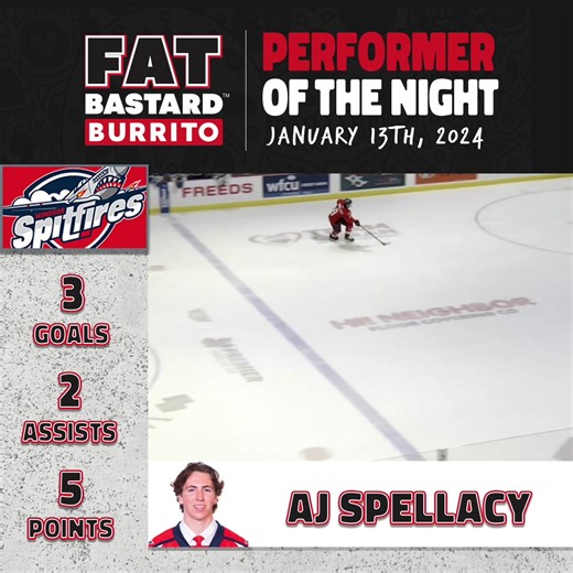 #OHLPerformer of the Night 🌟 #NHLDraft prospect AJ Spellacy's first-career multi goal game results in a hat trick and a FIVE point night! 🎩🎩🎩 Windsor Spitfires | FAT BASTARD BURRITO CO. | Ontario Hockey League