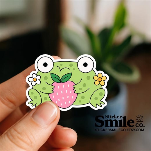 Kawaii Frog Sticker – Green Frog Holding Strawberry Vinyl Decal - Etsy