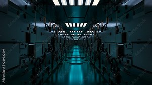 Sci Fi corridor.Technological futuristic Sci Fi tunnel.Flying through 3D generated corridor.