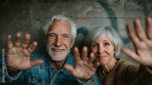 Desperate elderly couple pleading. Senior man and woman reaching out with hands, expressing need for help. Poverty, hardship, aging, vulnerability. Dramatic portrait, close-up, emotional plea.