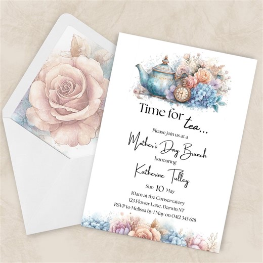 Time for Tea Mother’s Day Invitation Template, Vintage Teapot Brunch Invite, Floral Garden Party, Editable Printable Download - Etsy