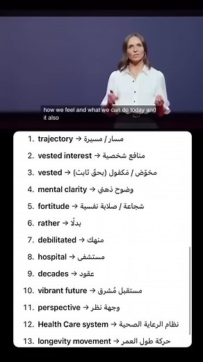 في هذا الفيديو، رح تتعلم مجموعة من المفردات المتقدمة المستخدمة في الخطابات والمقالات الأكاديمية. الكلمات اللي رح تشوفها تساعدك تفهم وتستخدم لغة أعمق وأكثر دقة، خاصة إذا كنت بتحضّر لامتحانات أو بدك تطوّر لغتك لمستوى أعلى. الكلمات اللي شرحناها: trajectory، vested interest، mental clarity، fortitude، rather، debilitated، hospital، decades، vibrant future، perspective، health care system، longevity movement. ⸻ 🎥 English below In this video, you’ll learn a set of advanced academic vocabulary used in