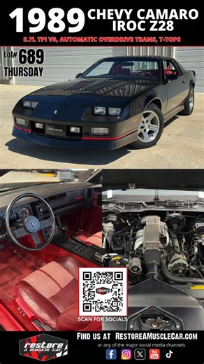 Lot #689 1989 Chevrolet Camaro IROC Z28, 5.7L TPI, Loaded, T-Tops, Bose, 40k Miles Going through Thursday Barrett: https://www.barrett-jackson.com/2026-scottsdale/docket/vehicle/1989-chevrolet-camaro-iroc-z-293535?origin=docket Only 40,408 Original Miles Factory Tuned Port Induction EFI - 350ci 5.7L - V8 engine Automatic Overdrive Transmission Dual Exhaust System G80 - Limited Slip Rear Axle J65 - 4 Wheel Disc Brakes Power Steering & Brakes New Exhaust System Cat Back Beautiful ‘Black Finish Del
