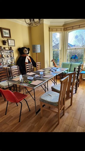 All set up for the first glass fusing lesson of the year. A birthday party for 8 kids. #fusedglass #bishyroad | Naomi's Glass