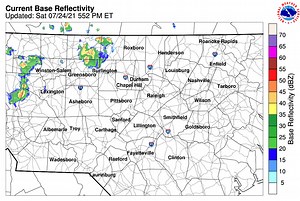Current radar shows isolated showers and storms rolling into the Triad. Scattered cells will continue across the NW for a few hrs before dissipating later tonight. Expect a similar setup tomorrow with scattered showers and storms spilling into the NW Piedmont in the afternoon. | US National Weather Service Raleigh NC | Facebook