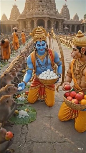 Ram aur Hanuman ji bandaron ko khilate, prem aur seva ka sundar drishya 🙏🐒 #ram#bhakti #short #viral