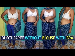 How To Wear 3 ways Dhoti style Saree Without Blouse With White Bra | Low Waist Blue Saree Draping