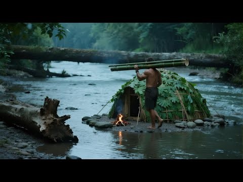 Epic River Survival Shelter | Bamboo Dome Covered with Green Leaves & Strong Man Building