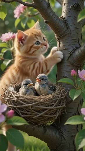🐱 Little Cat Becomes a Hero ❤️ | Cute Cat Saves a Baby Bird #shorts #viral #cat #birds