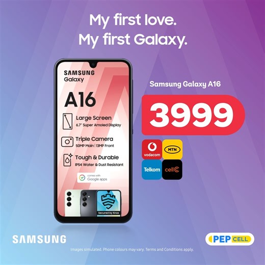 Meet the Galaxy A16—where cutting-edge design meets unbeatable value. With a 6.7” display, powerful performance, and a battery that keeps up with you all day long, this device is built for the modern go-getter. 🚀 📱 6.7" Super Amoled Display 🔋 Long-lasting battery 💦IP54 Water & Dust Resistant Get yours today for only R3999 at any PEP, PEP Cell and PEP Home today! 💫 #LifesBetterWithPep #PEPCELL #Samsung | PEP Cell