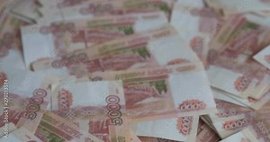 Russian money roubles banknotes, heap of russian rubles