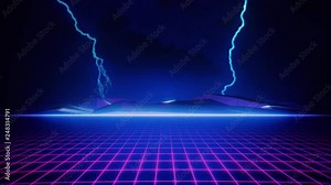 80s Pink Retro Grid and Blue Lightning. Seamlessly looping animated background.