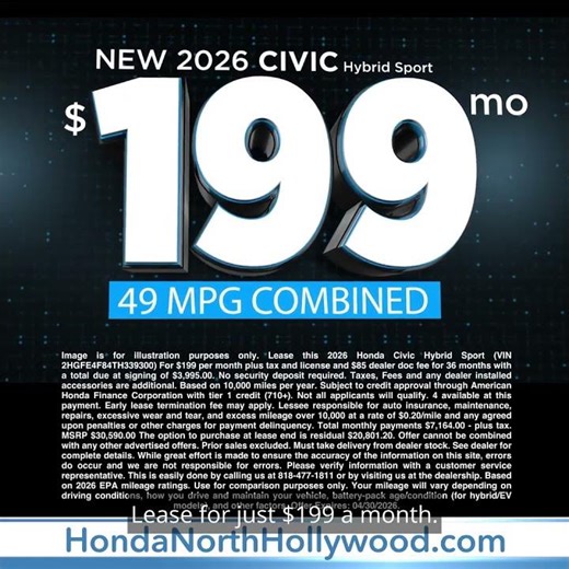 Get The New Fuel-Saving 2026 Civic Hybrid With Combined 49 MPG Today at Honda of North Hollywood!