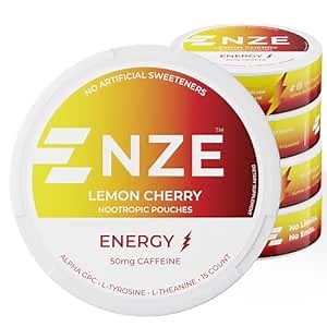 Amazon.com: NZE Caffeine Nootropic Pouches (Lemon Cherry) - Energy Pouches with 50mg Caffeine, Alpha GPC, L-Tyrosine & L-Theanine No Sugar or Artificial Sweeteners - 15 Pouches Per Can - 5 Pack : Health & Household