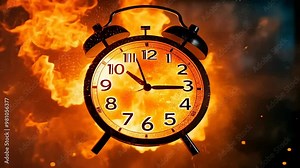A vintage clock is captured mid-explosion against a dramatic night sky, with flames and sparks flying in all directions. The chaotic scene emphasizes urgency and destruction, evoking a sense of time Stock Video