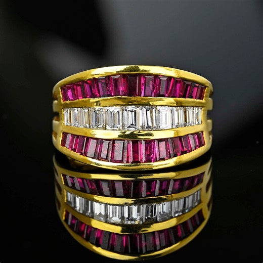 Vintage 18K Gold Diamond & Ruby Baguette Ring: Statement Cocktail Band - Etsy