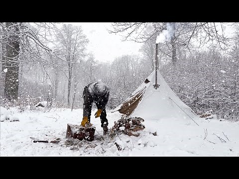 Hot Tent Camping in Heavy Snowfall