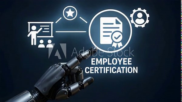 A cybernetic hand gestures toward icons of training, stars and certificate text employee certification. Concept of workforce upskilling and ai talent management