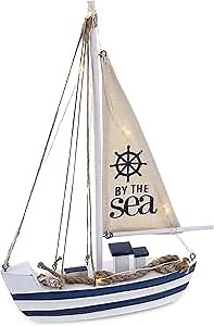CoTa Global Ocean Blue Sea Boat with LED Light - Handmade Wooden Boat Decor, Beach Style Model Sail Boat Decorations, Nautical Themed Table Top Decor