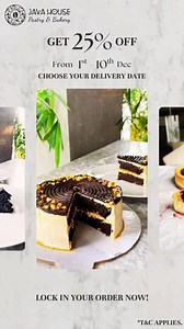 53 reactions · 3 comments | ✨ December Sweet Deal — 25% OFF! ✨ Book between 1–10 December and enjoy 25% off your order for any day in December 2025!  T&C apply: * Full advance payment required * Choose your preferred delivery date in the month of December * Delivery available 1 PM – 7 PM * Pickup 7PM from Java House Bangladesh Secure your December treat now!  | Java House Pastry & Bakery | Facebook