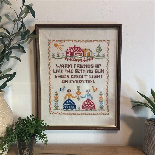 Vintage Sampler Cross Stitch | Friendship Saying Needlework Art | Framed Folk Embroidery | Cottage Farmhouse Wall Decor - Etsy