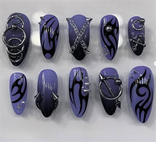 Tribal Flame Press on Nails | Handmade Gothic Purple Black Nails | Edgy Charm Set - Etsy