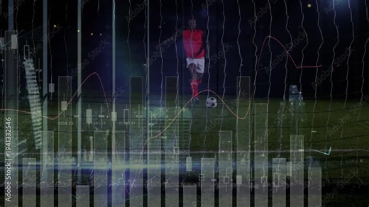 Soccer player adjusting stance and kicking ball trying to score while data overlays tracking flight
