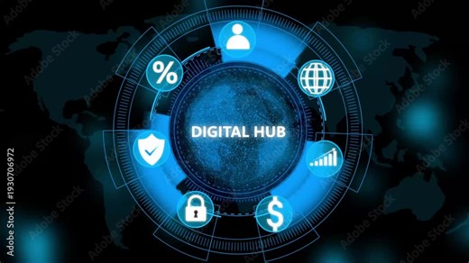 Digital Hub visualization, representing a central point for global data, connectivity, and business operations.