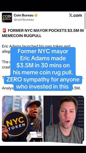 Kevin Clancy on Instagram: "Former NYC mayor Eric Adams created a meme coin to help fight anti-semitism. How does that work, you ask? It doesn’t! Adams made $3.5M in 30 mins on his meme coin rug pull, and completely collapsed the entire coin. As always, I have ZERO sympathy for anyone who invested in this and is surprised that Eric Adams was only in it for his own benefit 😂"