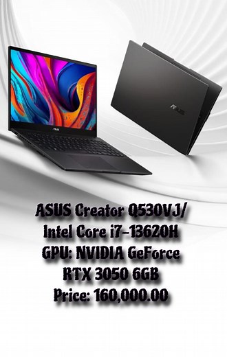 ASUS Creator Q15 OLED ASUS Creator Q15 OLED Q530VJ/Intel Core i7-13620H (24M Cache, up to 4.90 GHz)/16GB RAM/512GB SSD/Nvidia GeForce RTX 3050 6GB Graphics/15.6" FHD OLED Display/Windows 11/0°Black #Laptop #nvidia #EasternIT #GForce #intel #13thGen #Asus #laptop ##creator #Q15 #RTX3050 #i7 #backlit #FHD | EASTERN IT
