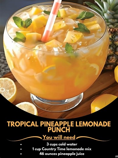 Tropical 💌 Pineapple Lemonade Punch Ingredients: 3 cups cold water 1 cup Country Time lemonade mix 46 ounces pineapple juice 1 liter Sprite ..... Full Recipe in Coʍmеոτ 💬 💙 | Grandma's Best Recipes