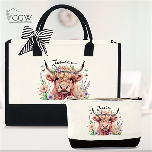 Custom Cow Tote Bag, Cow Lover Tote Bag, Cow Girl Tote Bag, Highland Cow Wildflowers Bag, Highland Cow Gifts, Country Girl Gift, Floral Tote - Etsy