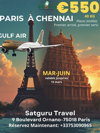 Voici un texte promotionnel en français pour votre offre : . ✈️ PARIS → CHENNAI à partir de 550 € seulement ! Voyagez vers Chennai au meilleur prix avec Gulf Air ! 🌍 Tarif promotionnel exceptionnel : 550 € 🧳 40 kg de bagages inclus ⭐ Service de qualité et confort garanti 📍 Départ de Paris Profitez d’une offre limitée pour découvrir Chennai ou rendre visite à vos proches à un prix imbattable. 📅 Réservez dès maintenant – places limitées ! Contactez-nous pour plus d’informations et pour effectu
