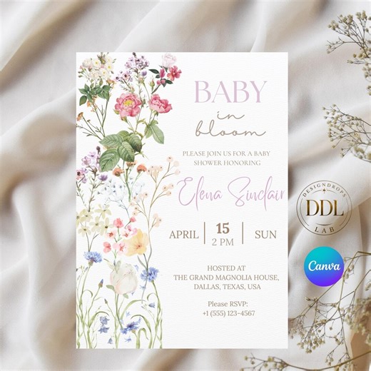 Baby in Bloom Baby Shower Invitation Template, Editable Floral Baby Shower Invite Canva, Spring Wildflower Evite Printable Digital Download - Etsy