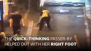 Police want to thank to passer-by who helped out in a police chase on Christmas Eve by tripping up the suspect. CCTV video has been released to help find the quick-thinking woman in Hertford who stuck out her right foot to stop the man as he was running away. http://www.itv.com/news/anglia/2017-12-31/right-foot-of-passer-by-trips-up-suspect-in-police-chase/ | ITV Anglia