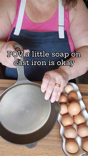 A little soap isn't gonna hurt.... How to clean cast iron - while the skillet is still hot, wipe out any excess fat or grease, food bits with a clean, dry paper towel. If necessary, dip it into HOT water and clean with a damp kitchen cloth. (Be careful not to dip into cool or cold water, as you do not want to take a chance of cracking the cast iron with too much of a temperature difference.) Use a soft brush to gently scrub off any stuck on food in needed. Add a little soap if necessary. Yes, a 