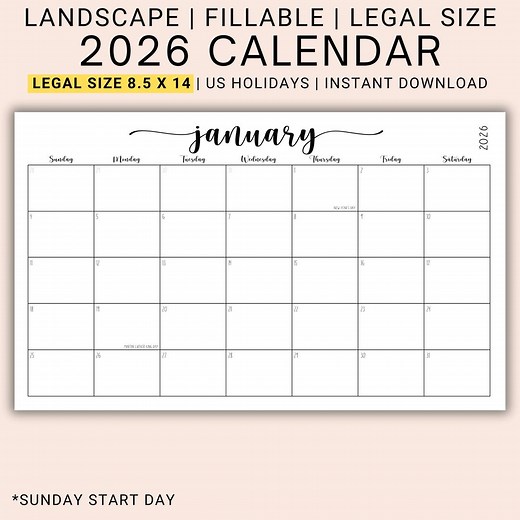 2026 Editable Calendar PDF | Fillable Monthly Planner Pages | Legal Size Layout | Printable Schedule Organizer | Download | CFWNH - Etsy