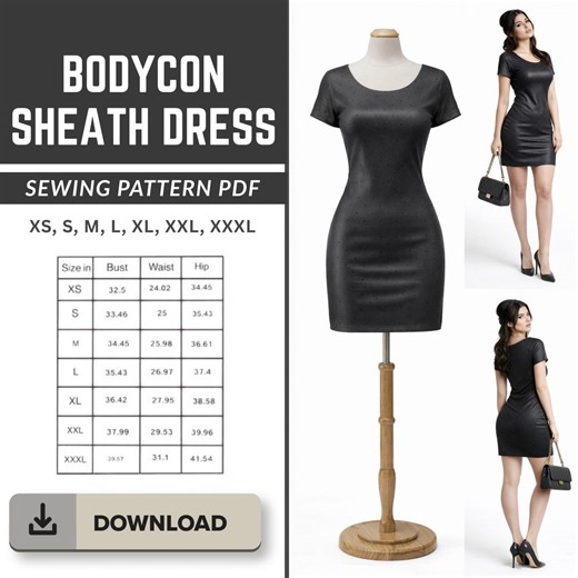 Minimalist Short Sleeve Bodycon Sheath Dress | Elegant Fitted Midi Dress | Instant Download - Etsy