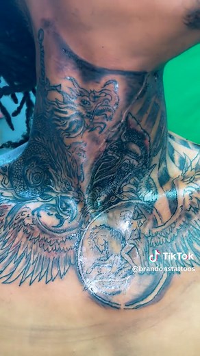 Full Neck and Chest Tattoo Designs by Brandon