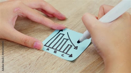 Close-up of Hand drawing downward trend arrow on bar chart sticky note