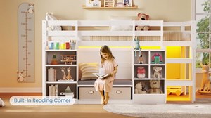 Low Loft Bed Twin Size with LED Lights, Wooden Kids Twin Loft Bed with Storage Bookcase, Toy Box, Reading Nook and Secret Play Space, Modern loft Bed with Stairs and Safety Guardrails for Boys Girls